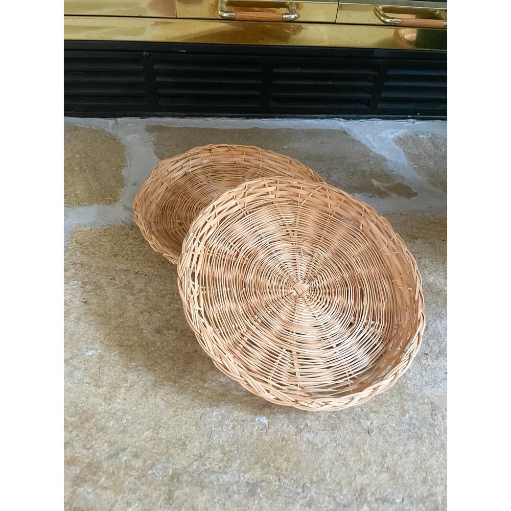 Vintage Bamboo Rattan Round Paper Plate Holders Set of 2